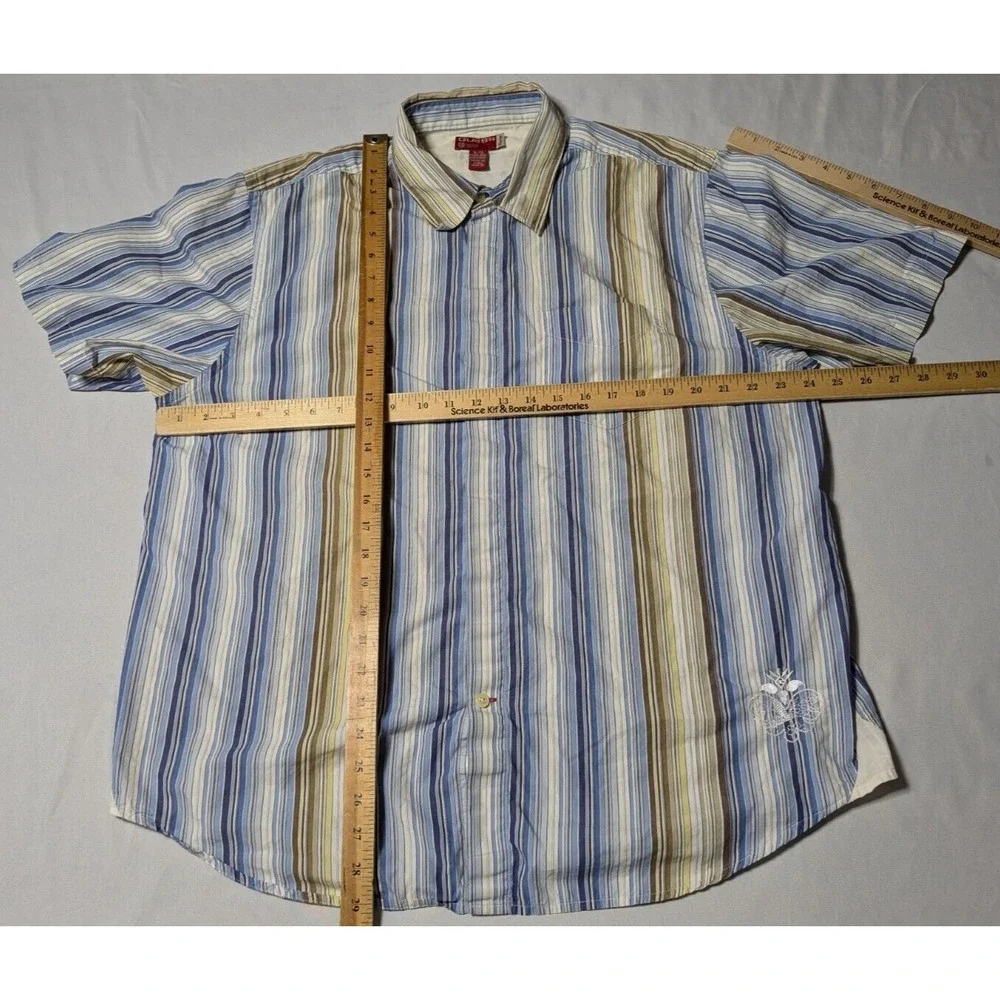 GUESS Covered-Placket Men XL‎ Blue Brown Yellow Striped Cotton Button Shirt